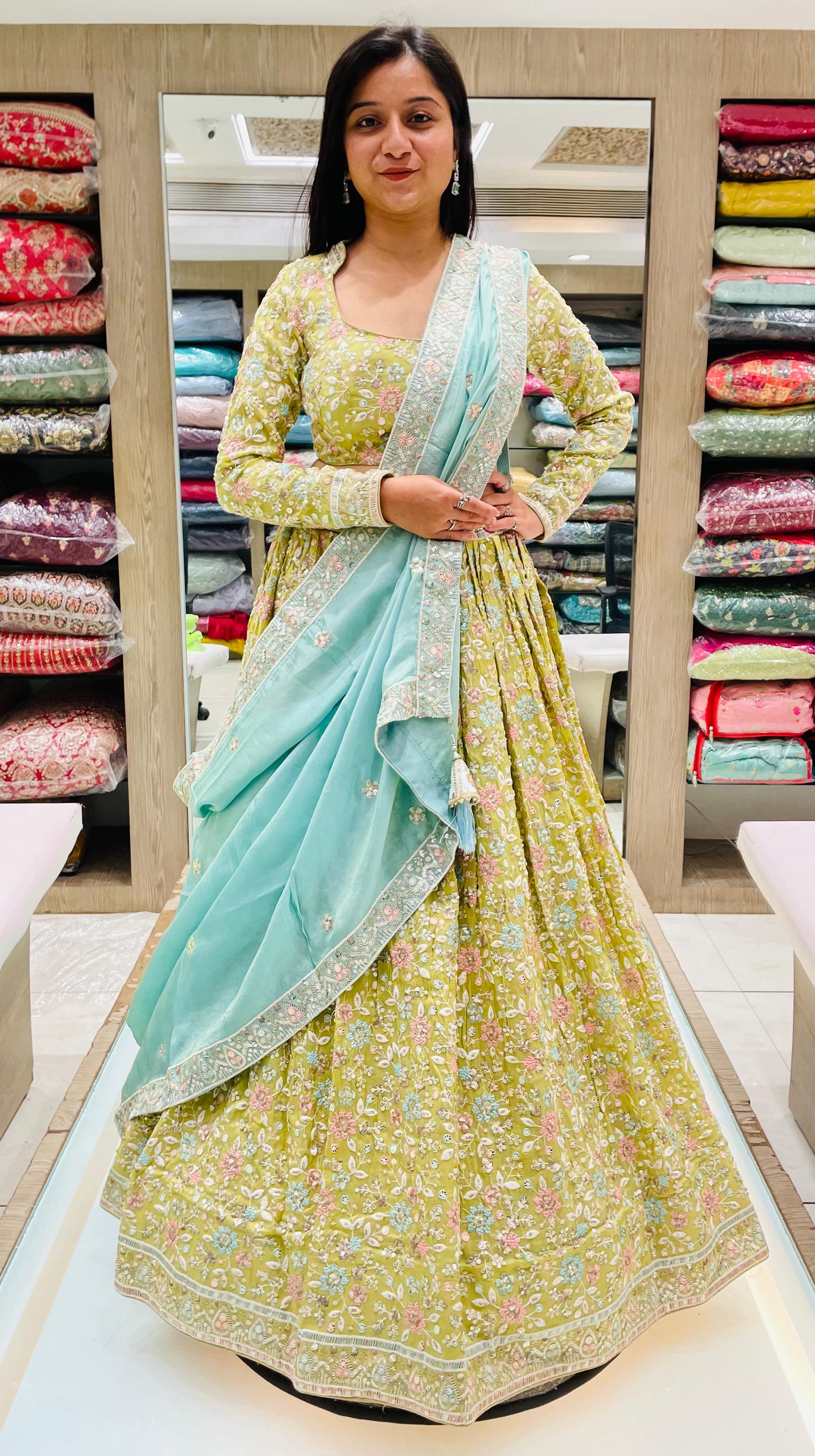 Parrot Green Color Georgette Floral Embroidered Lehenga